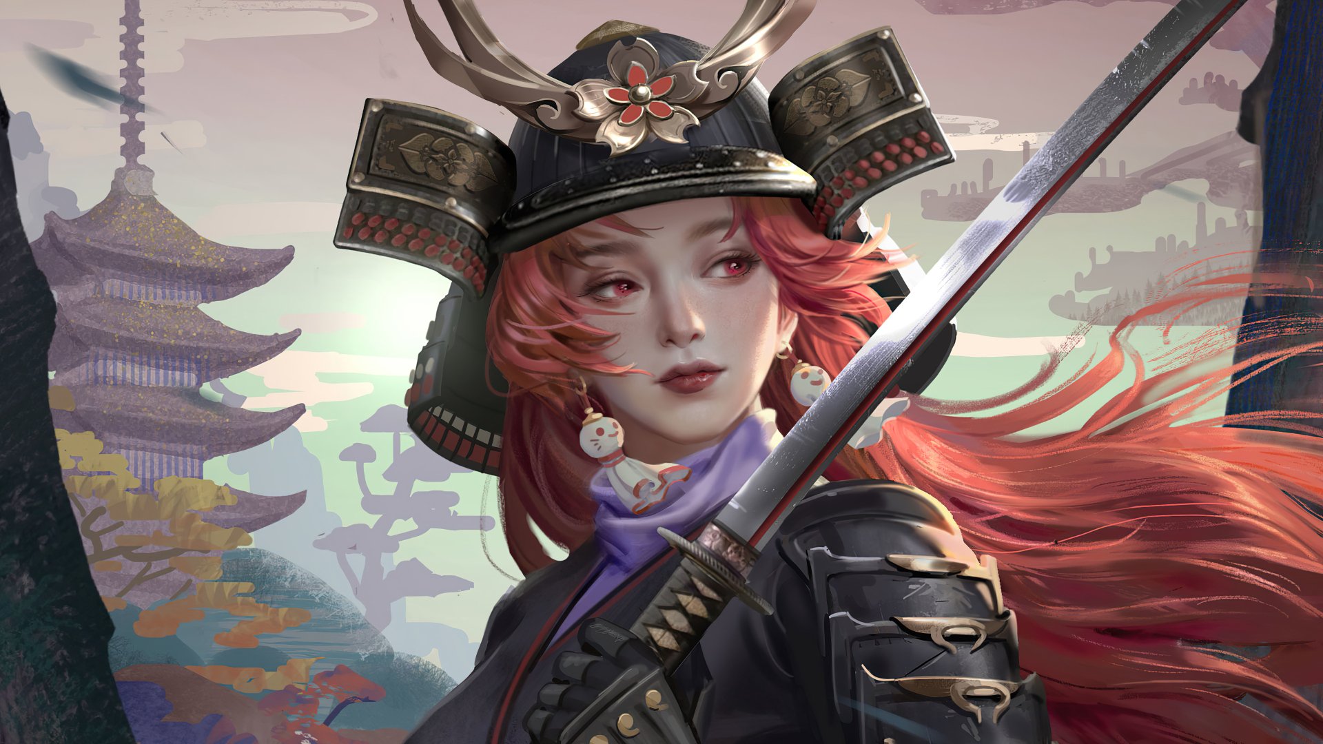 HD desktop wallpaper featuring a woman warrior in a fantasy setting. She wears a traditional samurai helmet and armor, holding a katana, with a serene backdrop of pagodas and soft, pastel colors.