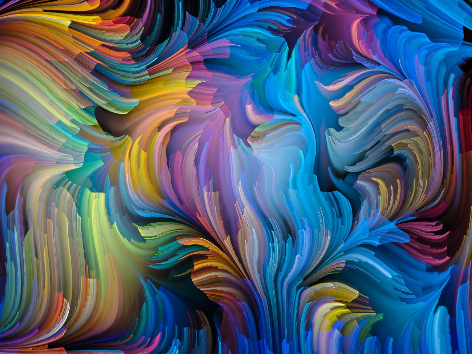 Colorful abstract swirls of vibrant brushlike strokes in rich blues, purples, yellows and greens — 2K Quad HD PC desktop wallpaper background.