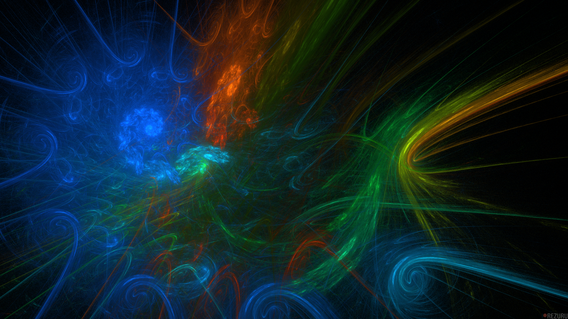 Vibrant abstract colors swirl in dynamic patterns, creating a striking 4K Ultra HD desktop wallpaper with deep blues, fiery oranges, and vivid greens.