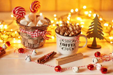 A festive December still life with candy canes, lollipops, marshmallows in a basket, a coffee cup filled with wafer rolls, Christmas lights, and holiday decorations in 4K Ultra HD.