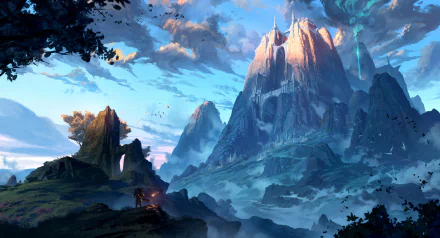 A fantasy warrior stands before a towering mountain gate in a dramatic fantasy landscape under a vibrant sky, rendered in HD for PC desktop wallpaper.