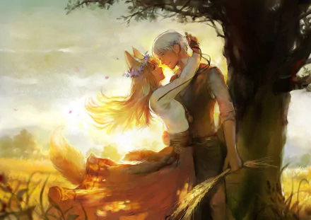 Kraft Lawrence and Holo from the anime Spice and Wolf share a tender moment under a tree in this HD desktop wallpaper with warm, golden tones.