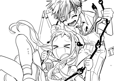 Black-and-white anime-style line art of Hanako-kun and Yashiro Nene from Toilet-bound Hanako-kun, featured in an HD PC desktop wallpaper background.