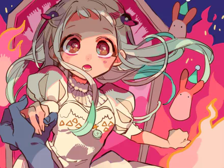 HD anime desktop wallpaper featuring Yashiro Nene from Toilet-bound Hanako-kun with vibrant colors and dynamic flames in the background.