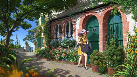 Anime-style HD PC desktop wallpaper featuring a girl in a yellow dress and hat walking along a sunlit, flower-filled garden path beside a charming brick building.