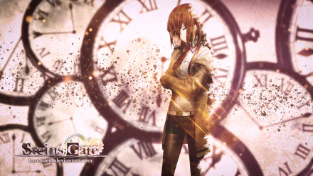 HD anime desktop wallpaper featuring Kurisu Makise from Steins;Gate 0, set against a backdrop of large clock faces symbolizing time and science themes.