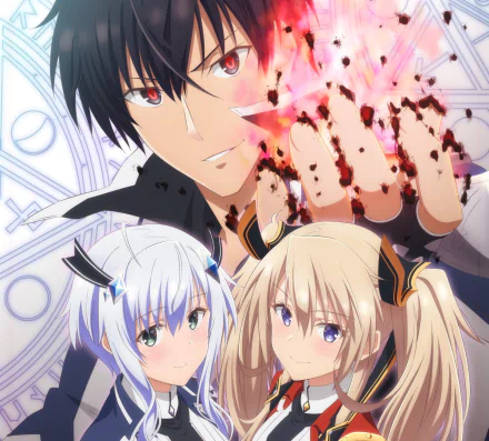 HD anime wallpaper featuring Anos Voldigoad, Sasha Necron, and Misha Necron from The Misfit of Demon King Academy with vibrant colors and dynamic pose.