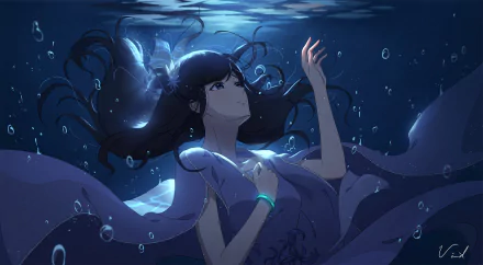 HD desktop wallpaper featuring an anime girl underwater with bubbles surrounding her, wearing a flowing outfit, and with her hair floating gracefully.