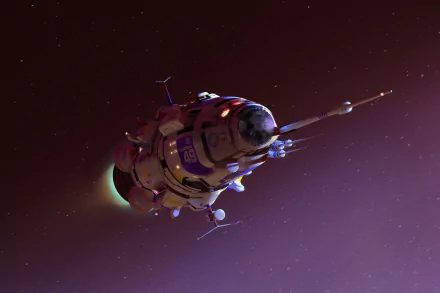 HD PC desktop wallpaper of a sci-fi spaceship drifting through deep space against a starry, dark purple background.