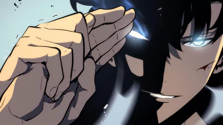 HD desktop wallpaper of Sung Jin-Woo from the anime Solo Leveling, featuring a close-up of his intense gaze with a hand gesture, highlighting his determined expression.