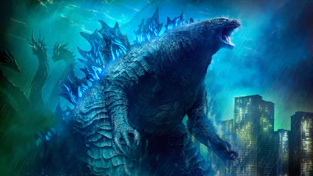 4K Ultra HD wallpaper featuring Godzilla from the movie Godzilla: King of the Monsters, towering over a city with glowing blue dorsal fins amid a stormy sky.