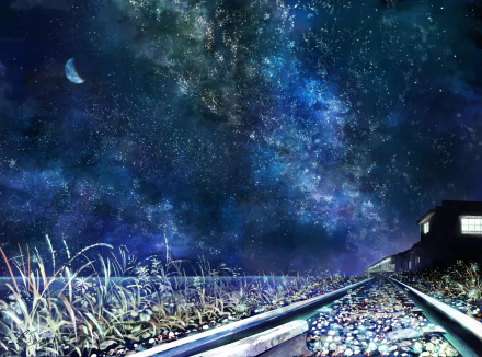 Anime-style night scene at a railroad train station under a vibrant starry sky with the moon, rendered in HD for a PC desktop wallpaper background.