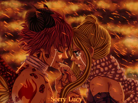 HD anime wallpaper featuring Lucy Heartfilia and Natsu Dragneel from Fairy Tail sharing an emotional moment amid glowing embers.