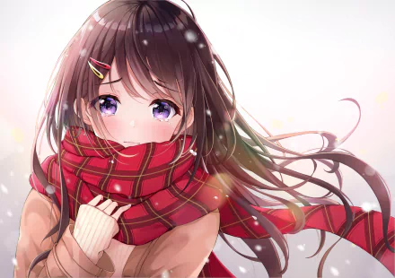 Anime-style original HD desktop wallpaper featuring a girl with brown hair and striking purple eyes, wrapped in a red plaid scarf with a soft, glowing background.