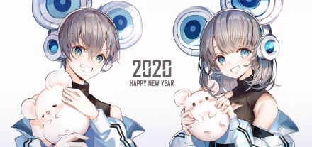 HD PC desktop wallpaper featuring two cute original anime characters holding plush toys, with a 2020 Happy New Year message in the center.