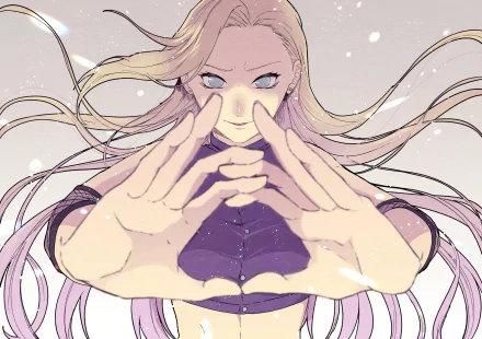 Ino Yamanaka (Anime, Naruto) close-up with hands forming a seal, intense gaze, flowing blond hair and purple outfit, soft falling sparks — HD PC desktop wallpaper/background.