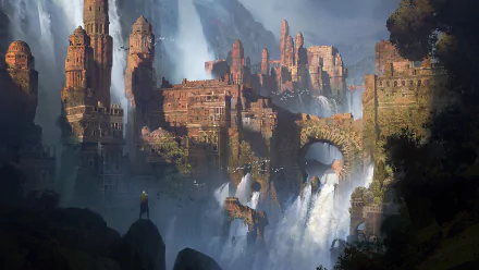 A stunning HD fantasy cityscape featuring towering arches and cascading waterfalls, set against a dramatic and immersive backdrop for a PC desktop wallpaper.