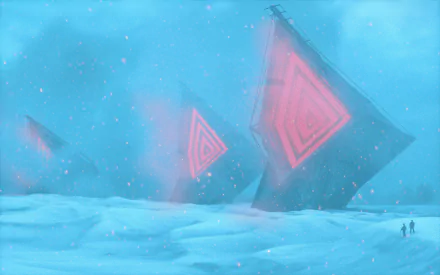 Futuristic snowy landscape with glowing red sci-fi structures rising from the snow under a misty blue sky, rendered in HD for a PC desktop wallpaper.