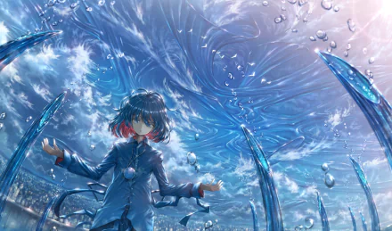 Anime-style character with blue hair and a glowing medallion harnesses magical water powers under a swirling sky, captured in a vibrant HD desktop wallpaper.