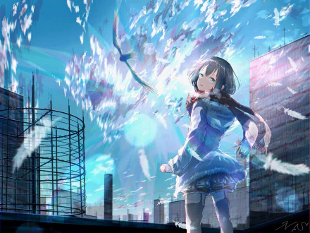 bird rooftop building blue eyes black hair Anime Original Anime Bird HD Desktop Wallpaper | Background Image