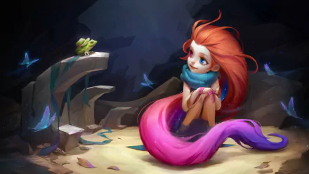 HD desktop wallpaper featuring Zoe from League of Legends with heterochromia, sitting on a sandy surface surrounded by glowing butterflies and a small green frog.