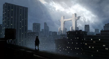 Anime-style cityscape under a moody sky with a solitary figure overlooking skyscrapers, captured in 4K Ultra HD for a striking PC desktop wallpaper.