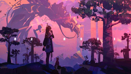 An anime-style HD wallpaper featuring a long-haired girl in a dress standing in a jungle alongside a cat, while a majestic dragon looms in the colorful, twilight sky.