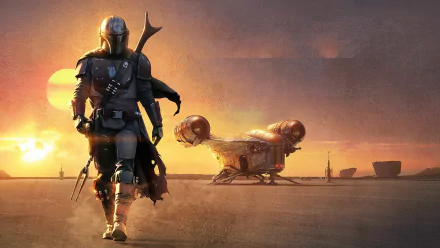 4K Ultra HD wallpaper featuring The Mandalorian character from the TV show, walking at sunset with his ship in the background on a desert landscape.