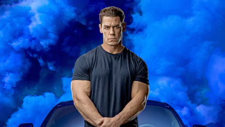HD PC desktop wallpaper: muscular man standing before a car amid billowing blue smoke, movie-style Fast & Furious 9 background.