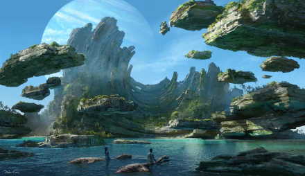 4K Ultra HD PC desktop wallpaper featuring a stunning landscape from the movie Avatar: The Way of Water with floating islands and serene water under a bright sky.