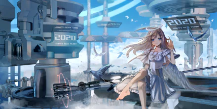 Anime-style angel with long hair sitting near futuristic machinery and a bird, set against a bright sky with 2020 Happy New Year signs in this HD PC desktop wallpaper.
