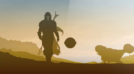 Silhouetted Mandalorian and floating child pod at sunset — 2K Quad HD PC desktop wallpaper and background from The Mandalorian TV show.