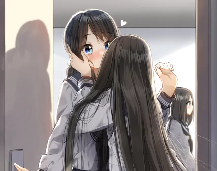 HD anime wallpaper featuring two schoolgirls with blue eyes sharing a tender yuri kiss in front of a mirror, showcasing an original and intimate moment.