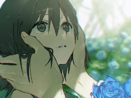 Anime-style HD desktop wallpaper featuring a close-up of a hand gently holding a girl's face with a soft focus on blue flowers in the background.