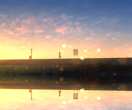 A serene anime sunset sky with soft clouds and warm colors, featuring a solitary figure walking along a reflective surface in 4K Ultra HD detail.