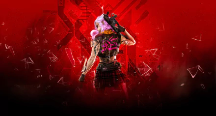 A cyberpunk woman warrior with pink hair holds a weapon against a shattered red background in this HD PC desktop wallpaper.