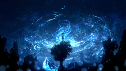 Anime-style HD wallpaper featuring a lone figure standing under a tree against a starry night sky with swirling blue light patterns.