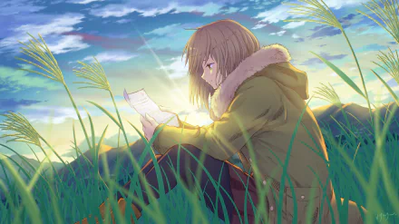 Anime-style HD desktop wallpaper featuring a girl in a green coat reading a letter, sitting in tall grass under a vibrant sky at sunset.