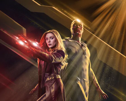 HD desktop wallpaper featuring Wanda Maximoff (Scarlet Witch) and Vision from the Marvel Comics TV show WandaVision, starring Elizabeth Olsen.