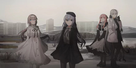 Anime-style HD desktop wallpaper featuring four original characters with long white and pink hair, dressed in dark and light outfits, set against a muted urban background.