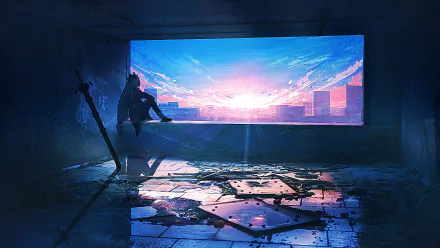 HD desktop wallpaper featuring the character Skadi from Arknights, wielding a sword in a flooded, abandoned building with a vibrant sky backdrop.