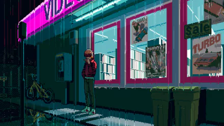HD retro pixel art wallpaper featuring a lone figure standing in the rain outside a 198X video game store, capturing a nostalgic, moody atmosphere of the era.