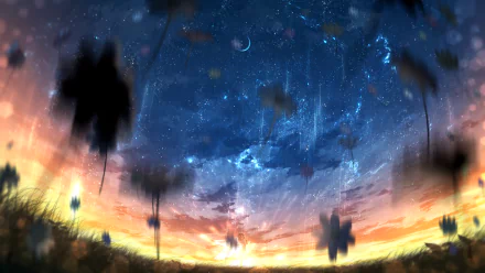 A stunning HD anime desktop wallpaper featuring an original illustration of a starry sky at twilight, blending vibrant sunset hues with a celestial night sky.