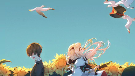 HD desktop wallpaper from Jibaku Shounen Hanako-kun featuring Yashiro Nene and Hanako-kun in a sunflower field, with birds and a blue sky in the background.