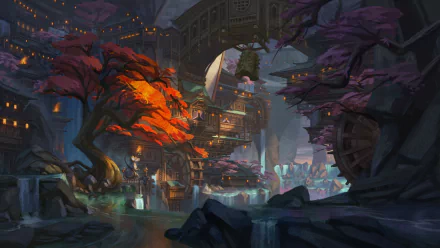 HD fantasy cityscape desktop wallpaper featuring vibrant, mystical trees and elaborate structures.