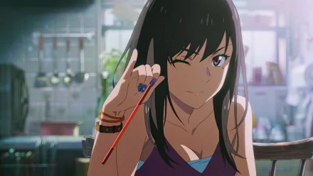 HD desktop wallpaper featuring Natsumi from the anime movie Weathering With You (Tenki no Ko), showing her winking and holding a red chopstick in a kitchen setting.