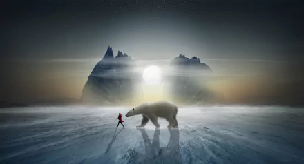 HD desktop wallpaper featuring a majestic polar bear walking on icy terrain with a person and stunning arctic scenery in the background, under a setting sun.