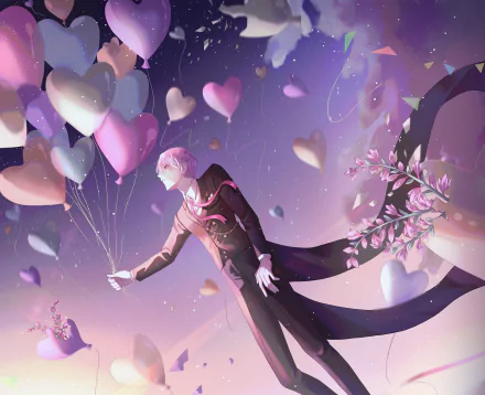 Anime-style HD desktop wallpaper featuring a character holding heart-shaped balloons with floating flowers and petals against a dreamy purple sky background.