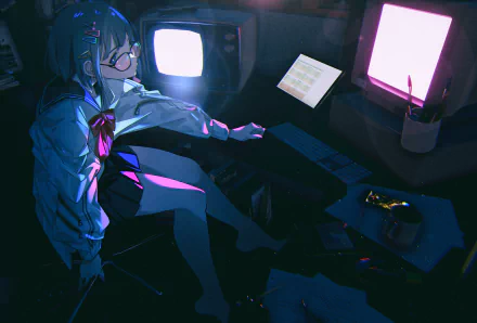 Anime-style HD desktop wallpaper featuring a character with glasses working at a computer in a dimly lit room with glowing screens and tech elements.