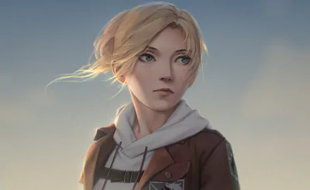 HD anime wallpaper featuring Annie Leonhart from Attack on Titan, depicted with soft lighting and a contemplative expression against a muted sky background.